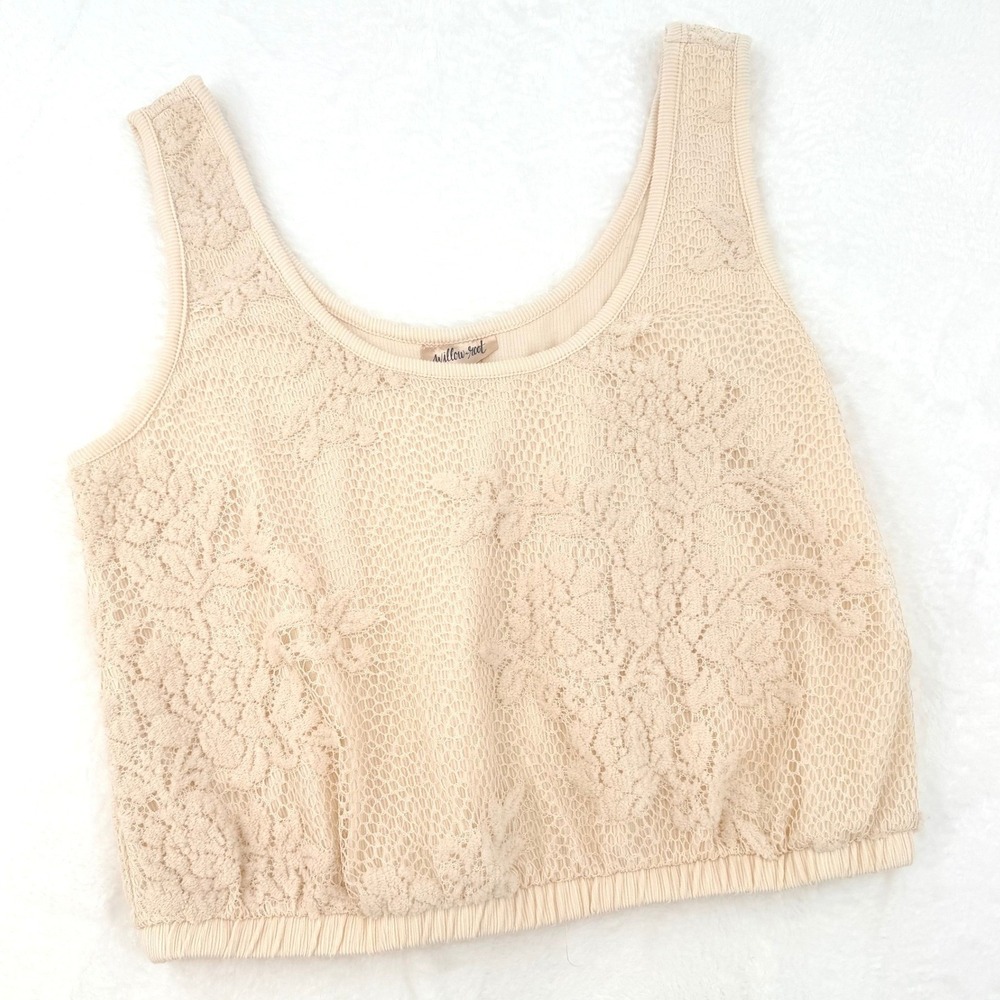 Willow + Root Cream Floral Lace Overlay Crop Tank Top Scoop‎ Neck Large